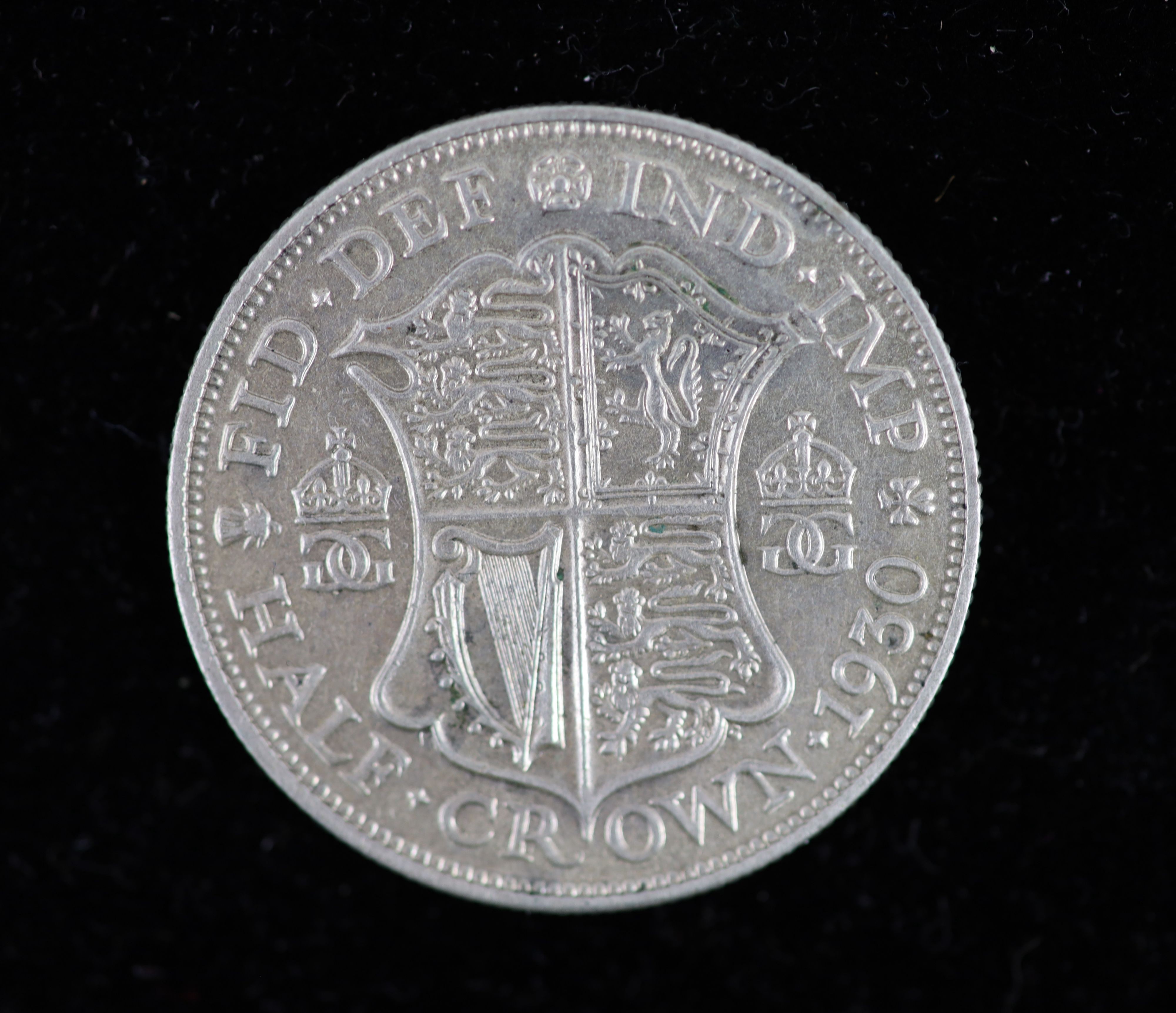 A George V specimen set of eight coins, 1930, fourth coinage, comprising Halfcrown (S4037), cleaned otherwise about EF, florin, shilling, sixpence, cleaned otherwise about EF, threepence, cleaned VF and penny to farthing
